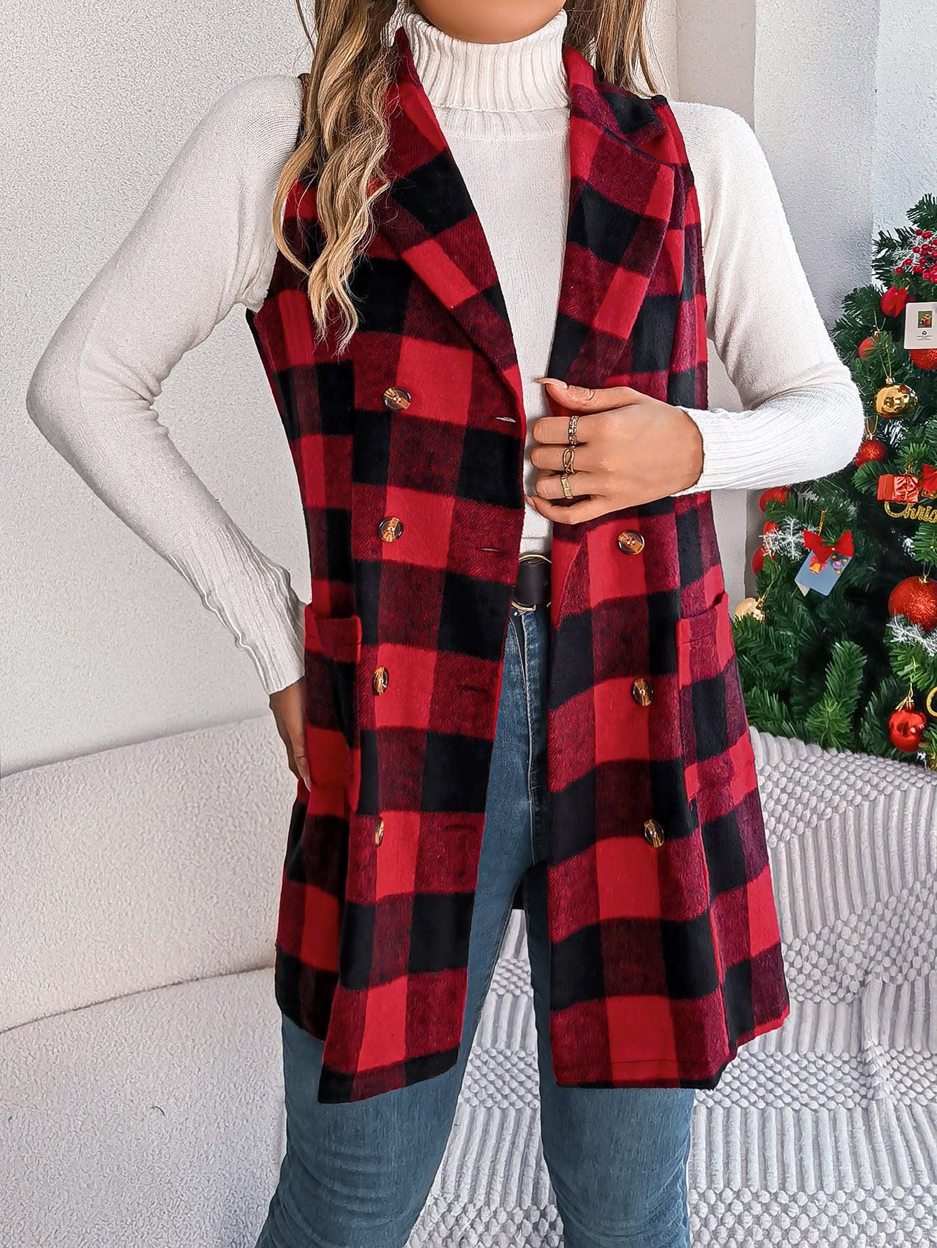 Women's Casual Contrast Color Plaid Sleeveless Double Vests