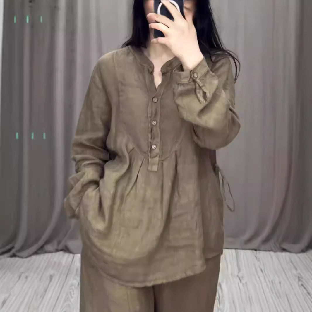 Autumn Comfortable Cotton Linen Long Sleeve Half Pleating Fashion Casual Suit