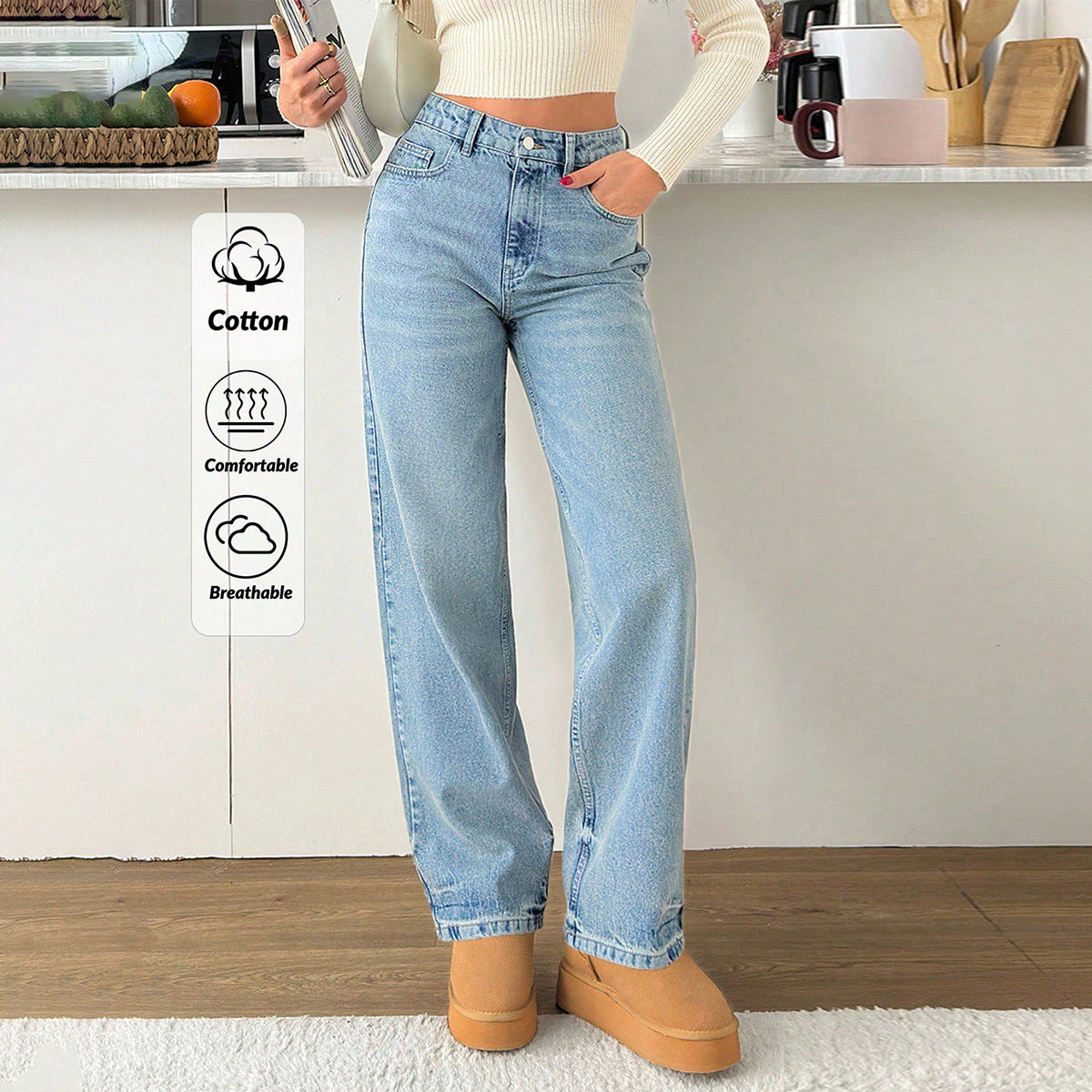 Women's Retro Washed High Waist Stretch Belt Pocket Women's Jeans