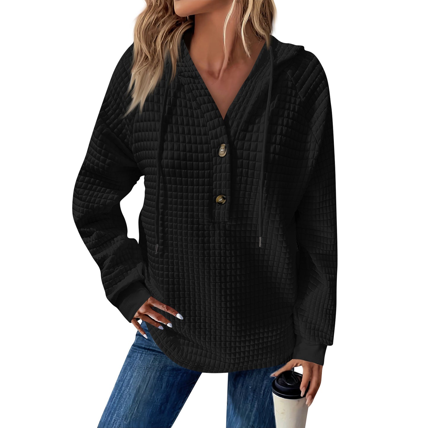 Women's Square Quilted Hooded Button Loose Long Women's Sweater, Sweater