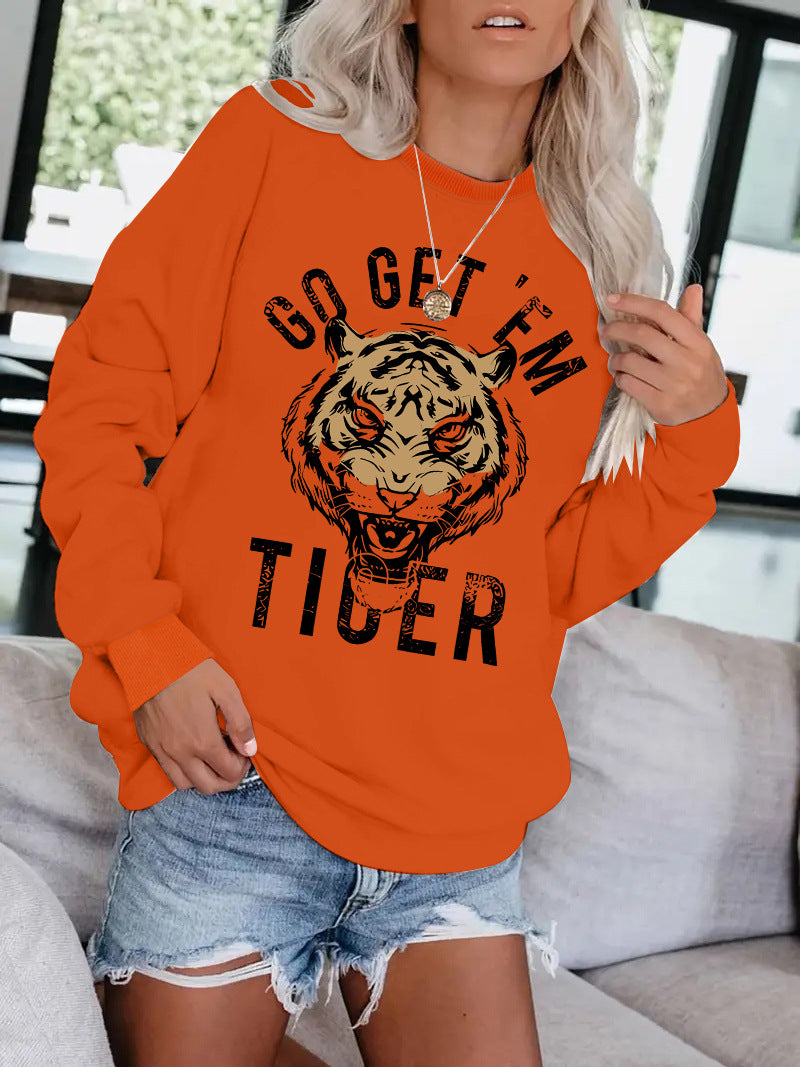 Women's Round Neck Tiger Head Portrait Printing Stylish Tops