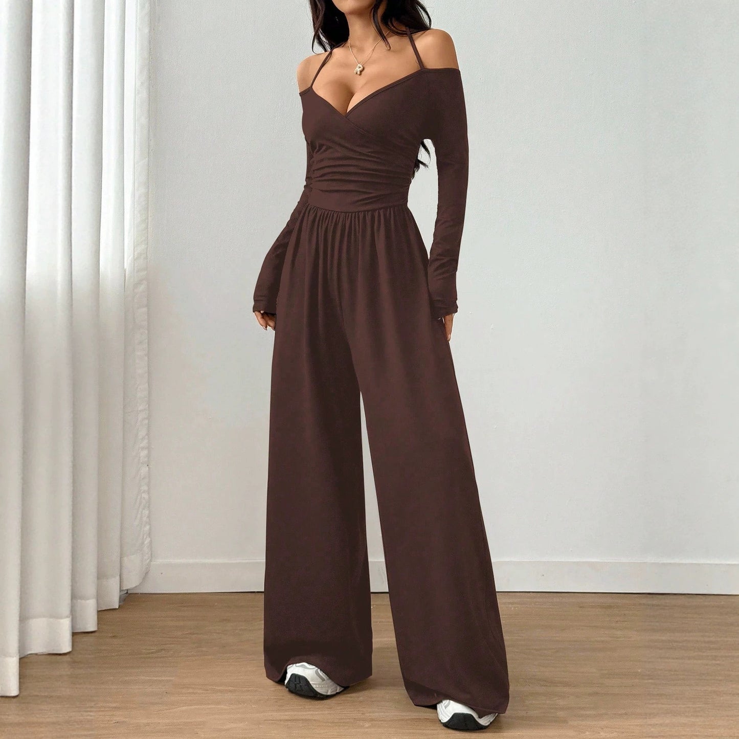 Women's Halter Long Sleeve Tight Waist Wide Leg Women's Jumpsuit/clothing