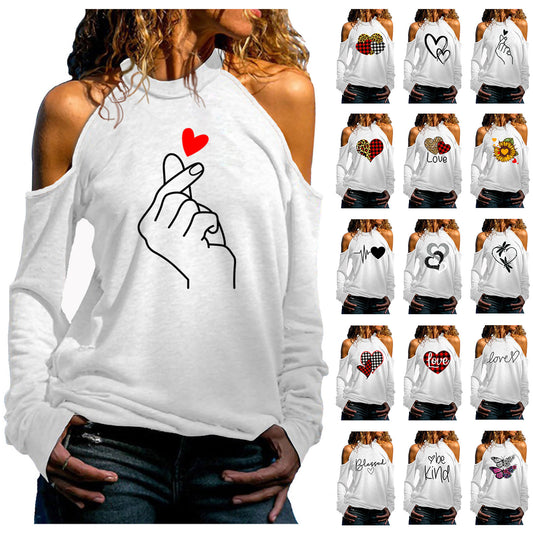 Women's Cold Shoulder Long Sleeve Valentine's Day Love Series Women's T-shirt