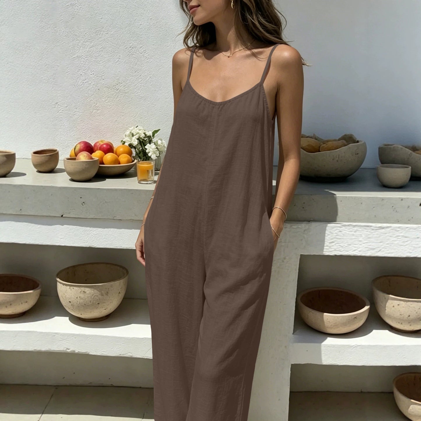 Women's Backless Drawstring Loose Home Sling One-piece Trousers Jumpsuits