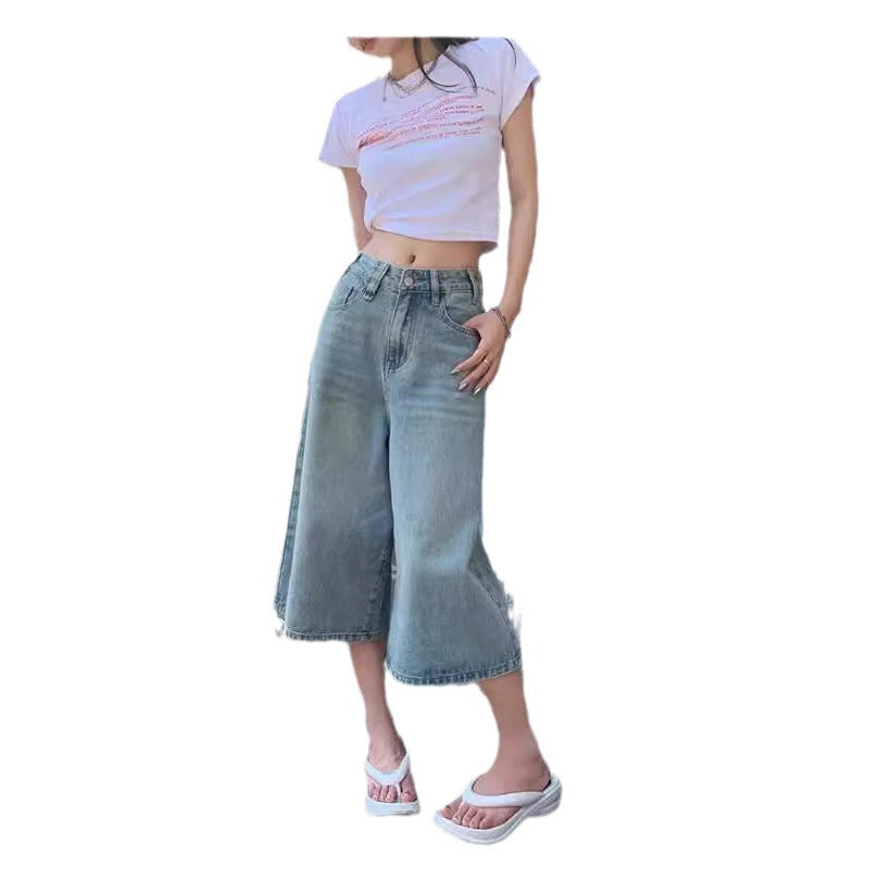 Women's Washed Distressed Cropped High Waist Loose Wide Leg For Women's Jeans