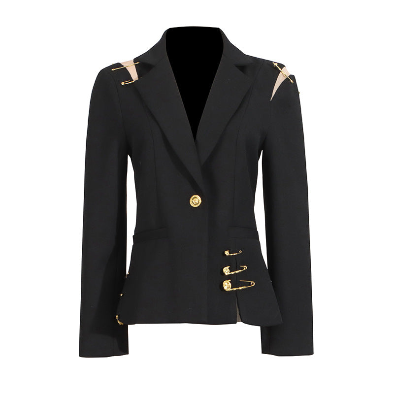 Women's Mesh Stitching Decorative Pin Long Sleeve Slim Fit Blazers