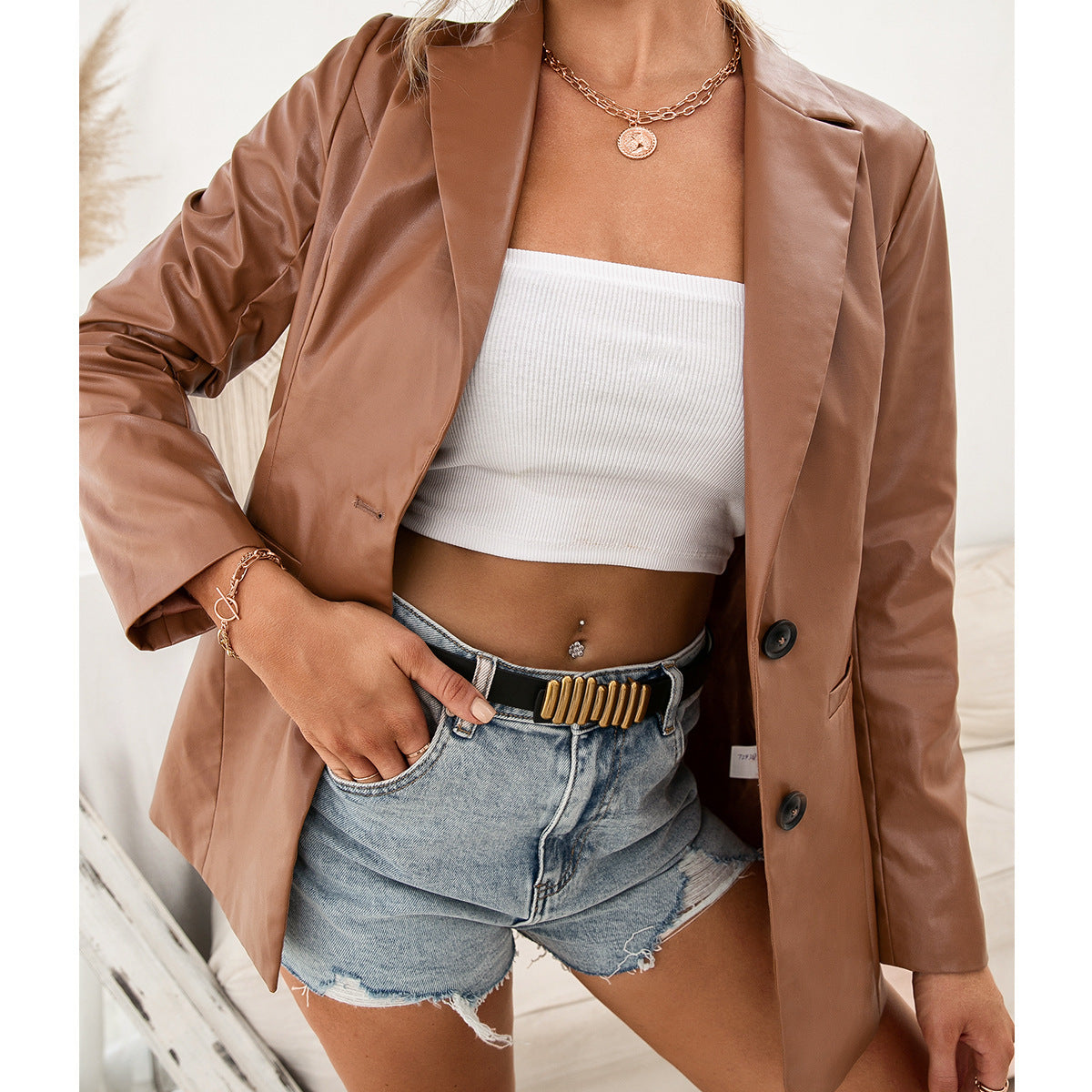 Women's Mid-length Single-breasted Trench Solid Color Motorcycle Jackets
