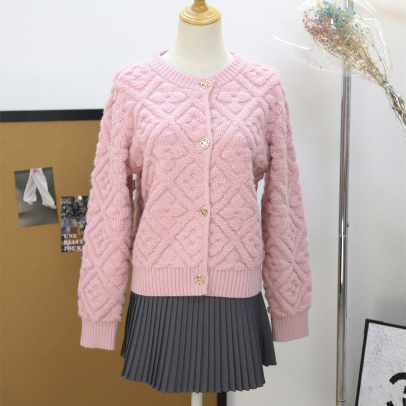 White Powder Two-color Dark Pattern Three-dimensional Jacquard Round Sweaters