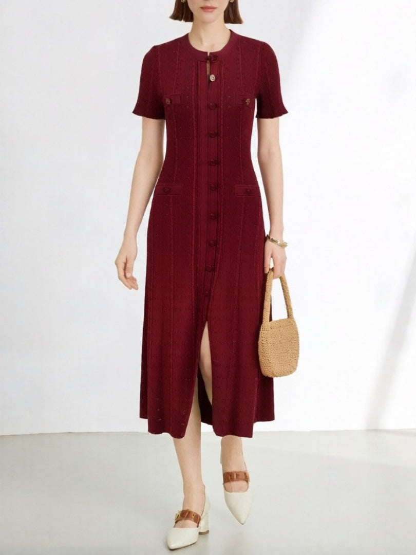 Women's High Quality French Style Temperament Sleeve Hollow Thread Single-breasted Dress