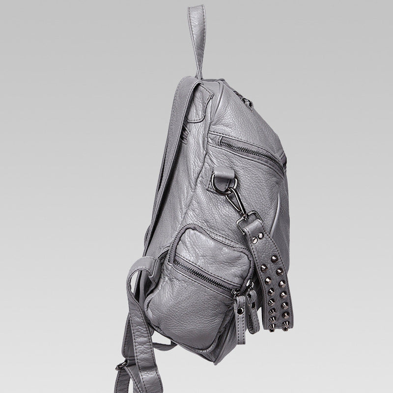 Capacity Studded Unisex Washed Leather Solid Bags