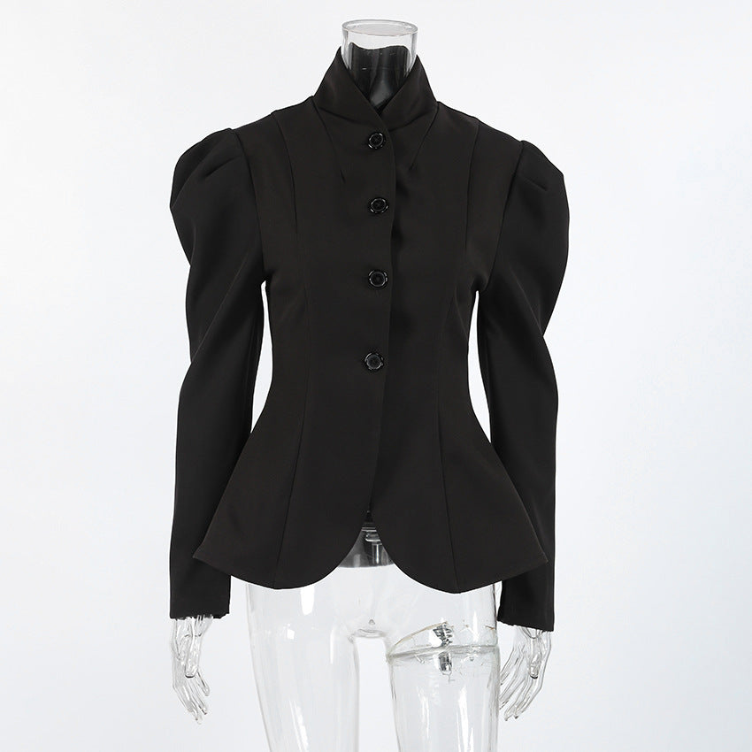 Women's Retro Black Stand Collar Small Commuter Blazers