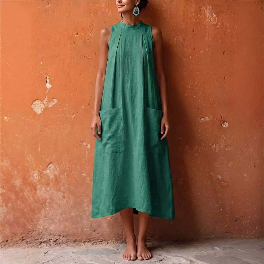 Women's Solid Color Sleeveless Stand Collar Loose With Dress