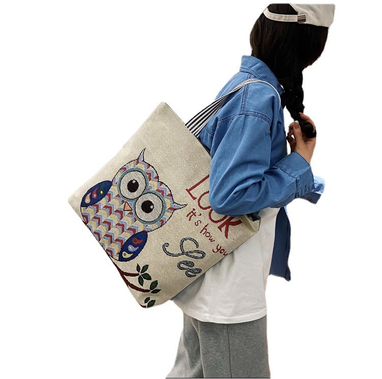 Fashionable Ethnic Style Shopping Cartoon Linen Shoulder Bags