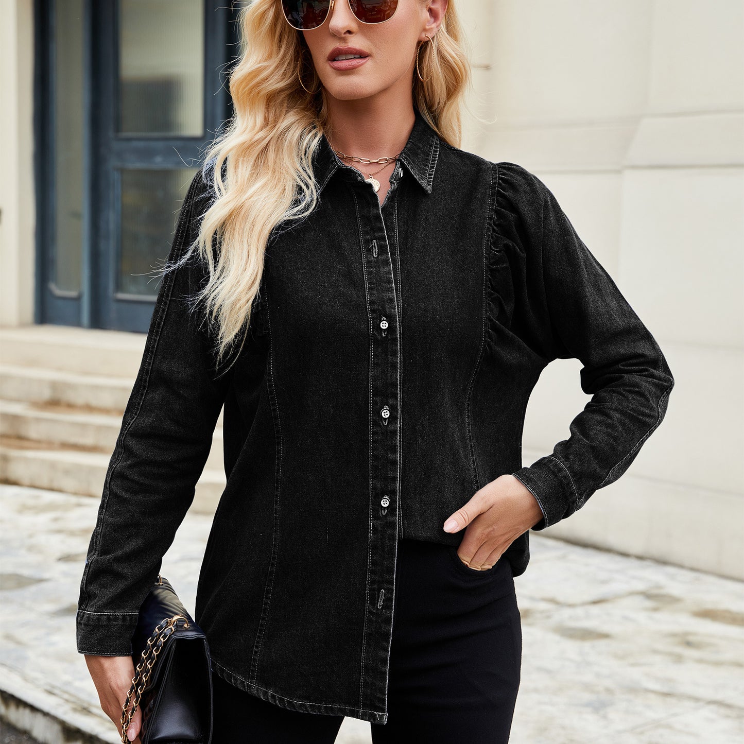 Women's Washed Shrug Denim Long Sleeve Shirt Blouses