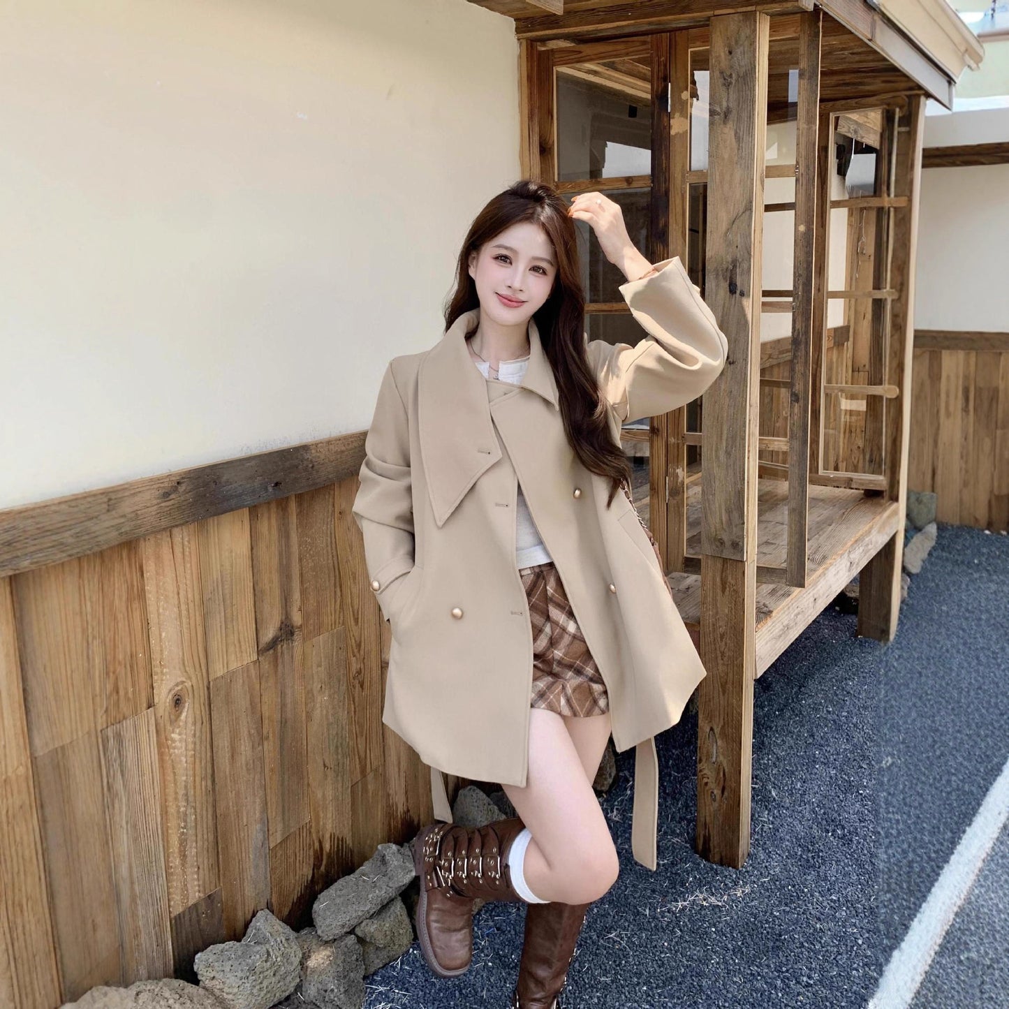 Style Double Breasted Windbreaker Female Fat Sister Coats