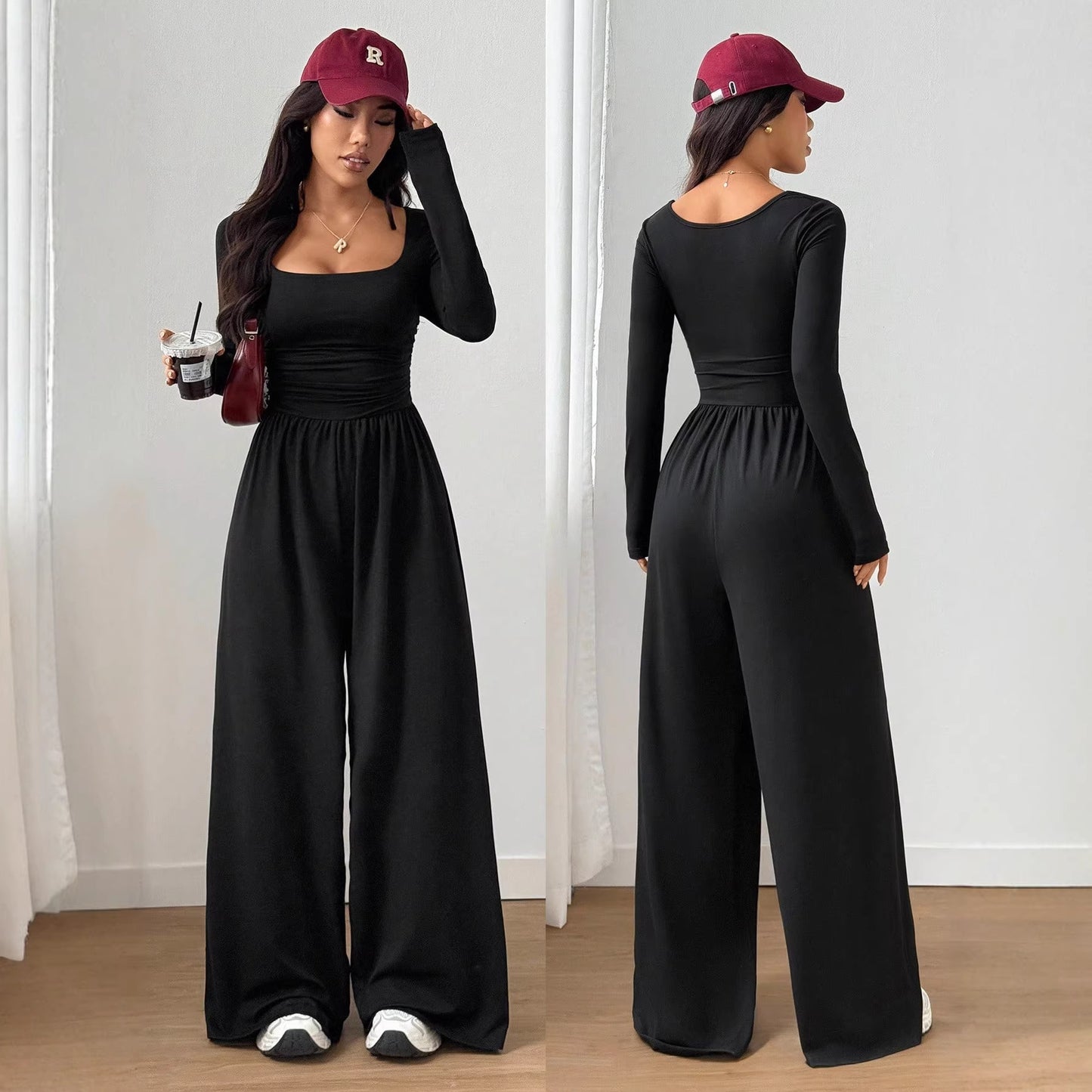 Women's Square Collar Long Sleeve Tight Waist Pants