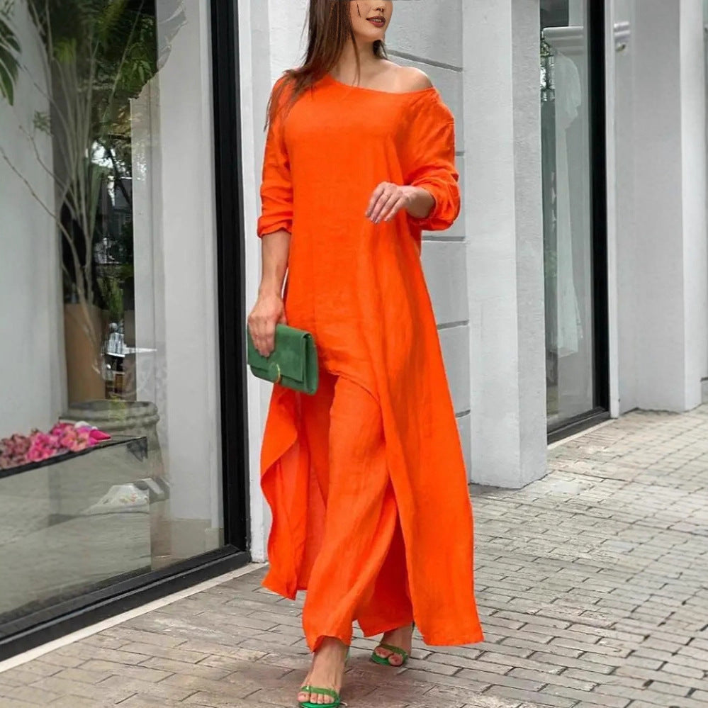 Women's Cotton Linen Irregular Long Sleeve Wide Leg Suits