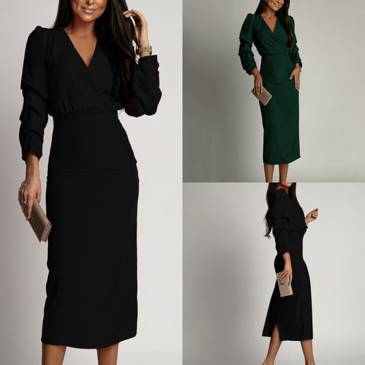 Independent Solid Color Long Sleeve Elegant Dress