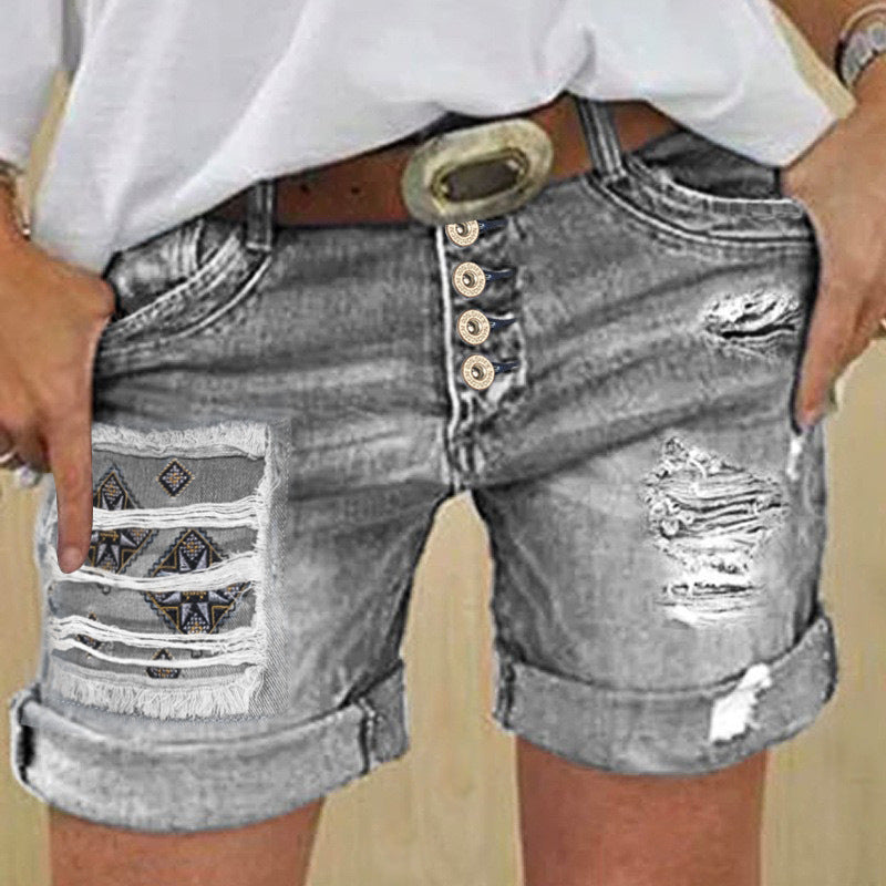 Summer Casual Cut-off Patch Breasted High Waist Embroidered Women's Jeans