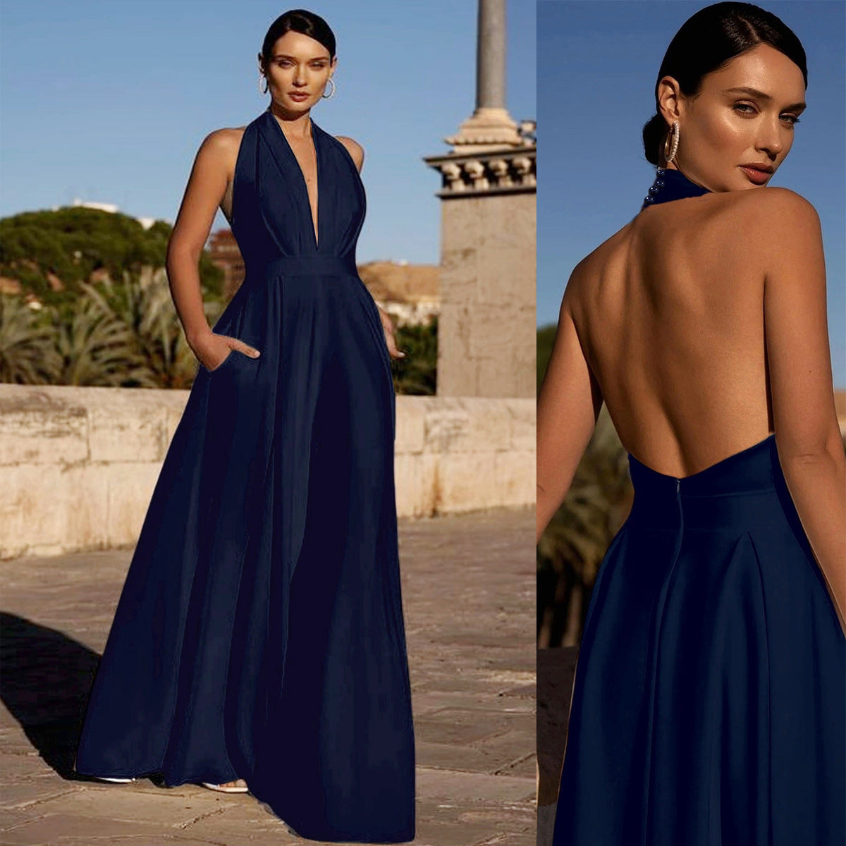Women's Sleeveless Halter Solid Color Wide Leg Jumpsuits