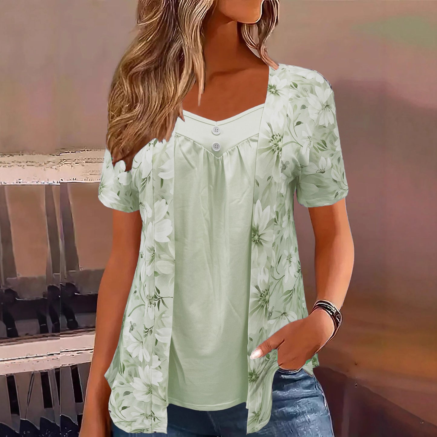 Women's Fake Two Pieces Sleeve Printed Fashion Women's T-shirt