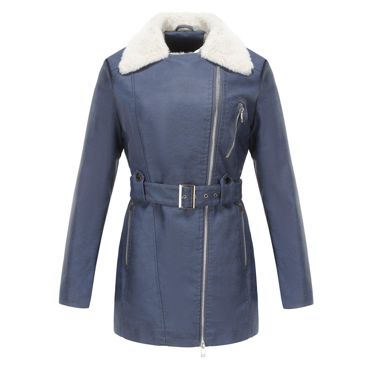Women's Long Sleeve Fleece Leather Lapel Double-headed Zipper Jackets