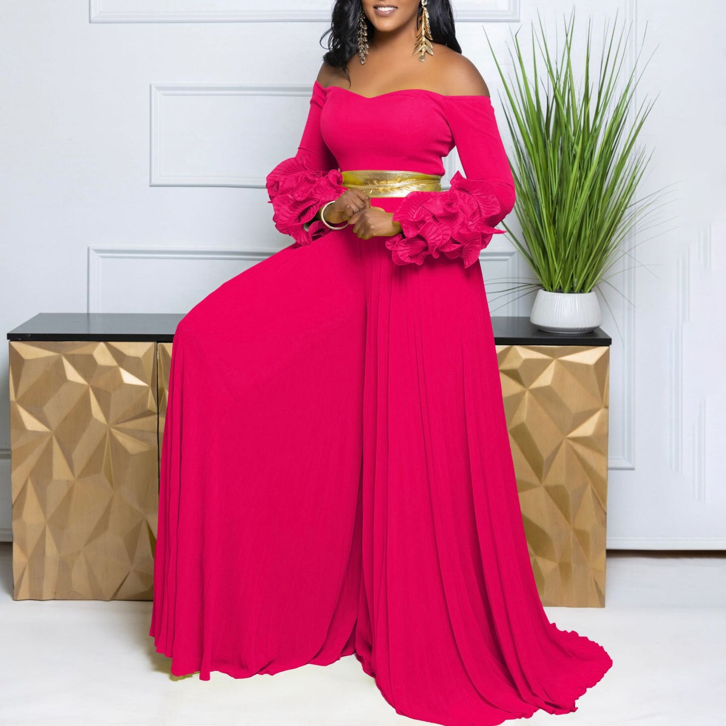 Fashion Ruffle Sleeve Solid Color Pleated Jumpsuits
