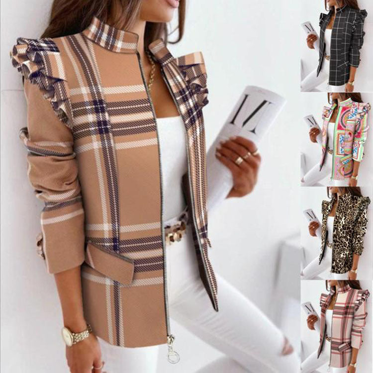 Women's Ruffled Long Sleeve Zipper Print Small Suit