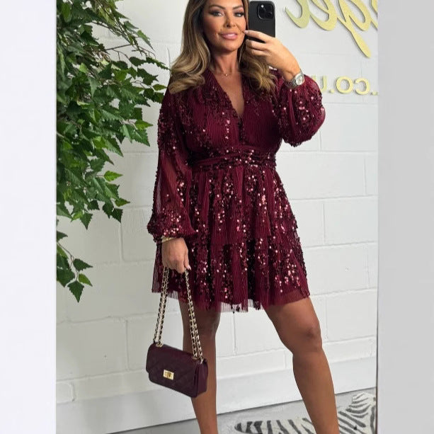 Christmas Party Sequined Folding Layered Loose Dress