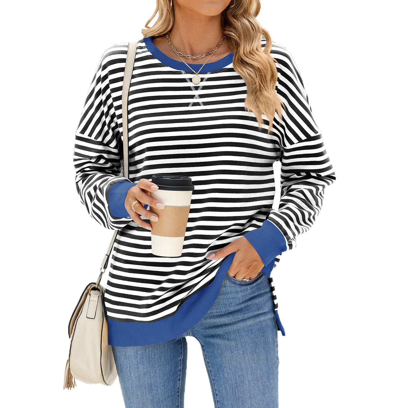 Women's Round Neck Split Long Sleeve Loose Striped Women's Sweater, Sweater