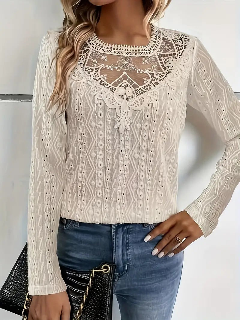 Solid Color Lace Stitching Hollow Long Women's T-shirt