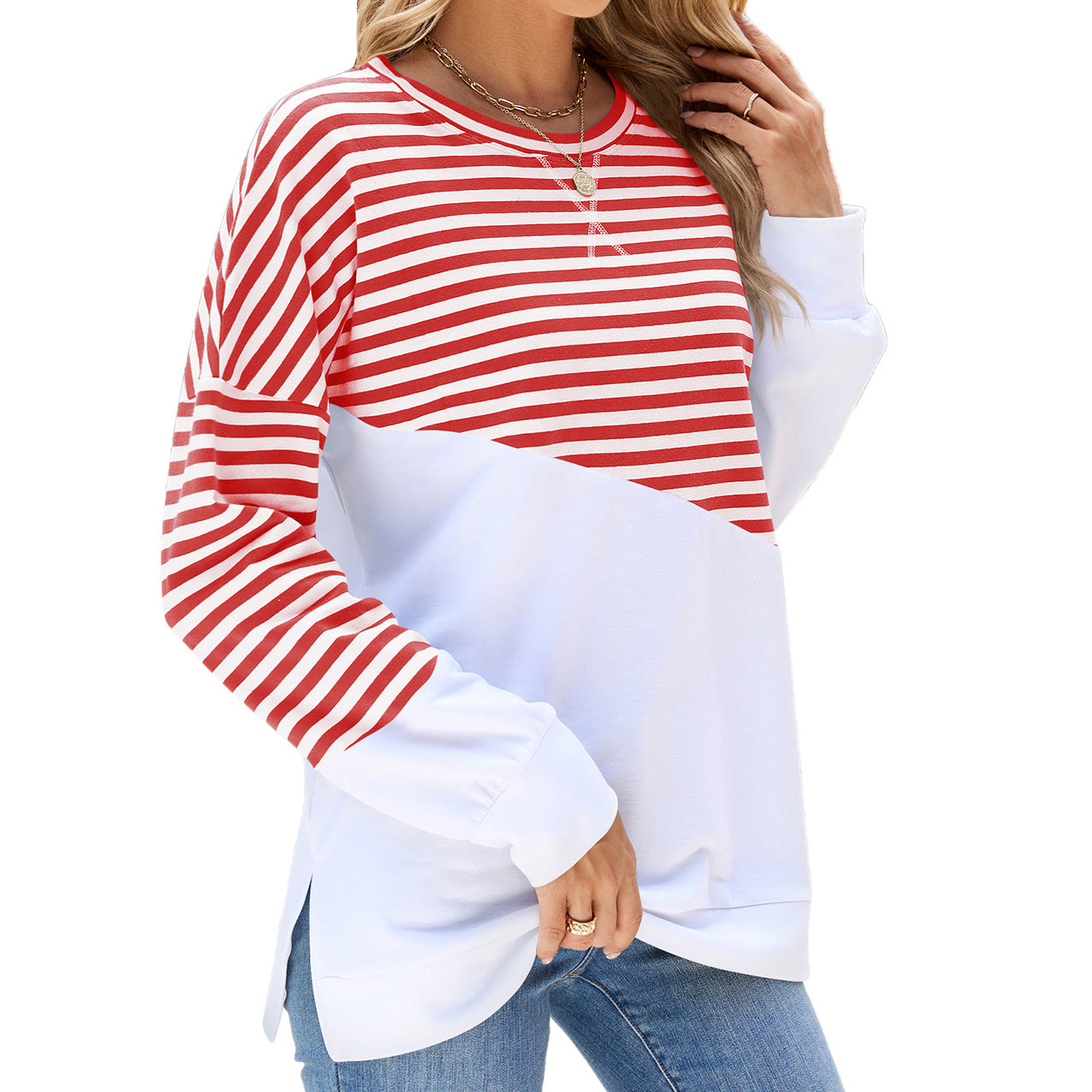 Women's Color Round Neck Contrast Striped Long Coats