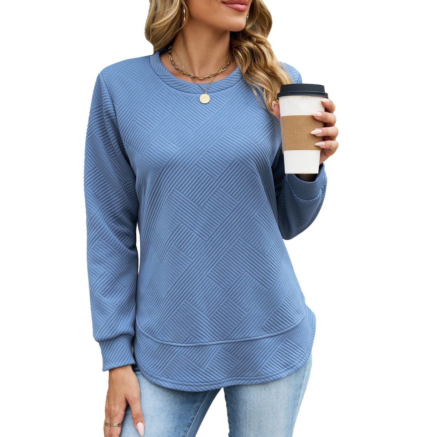 Women's Solid Color Round Neck Loose Long-sleeved Tops