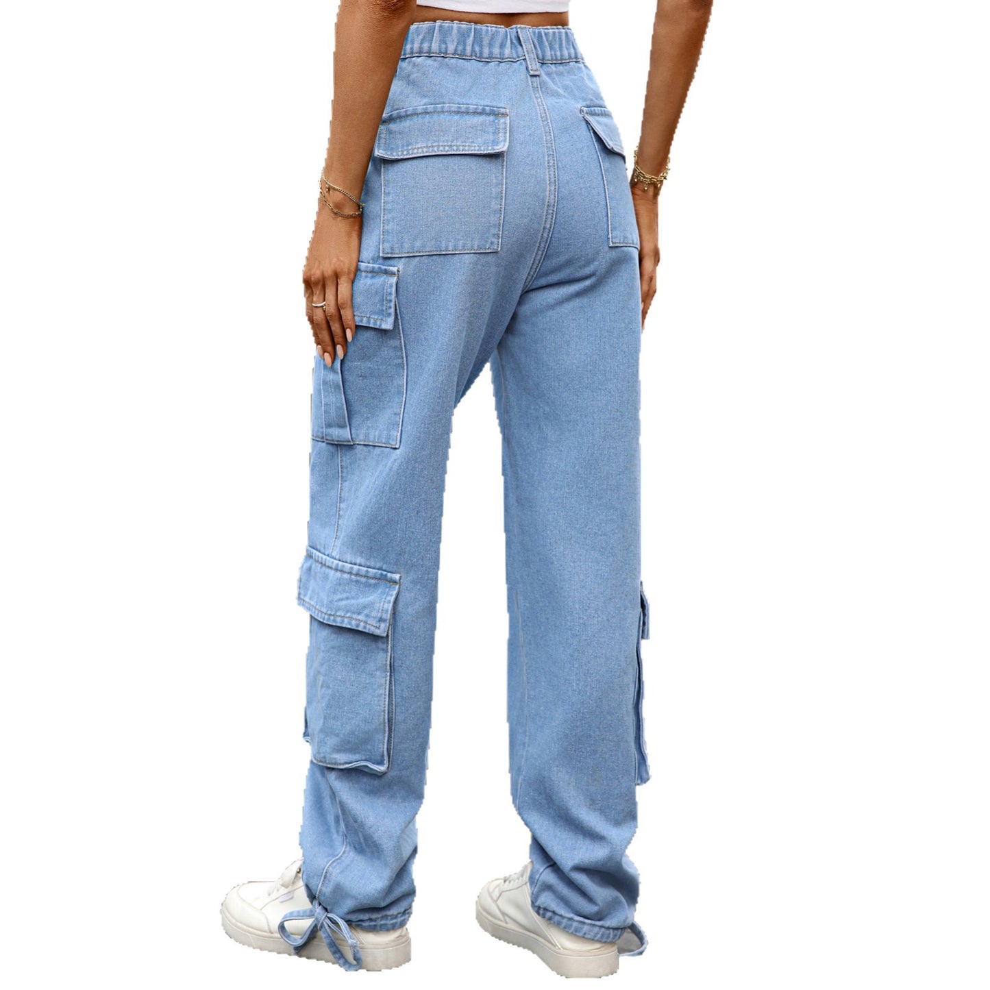 Women's Loose Drawstring Design Denim Overalls Casual Jeans