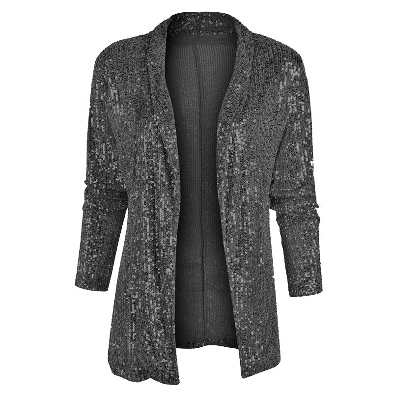 Women's Spring Sequined Long Sleeve Elegant Mid-length Small Polo Collar Blazers