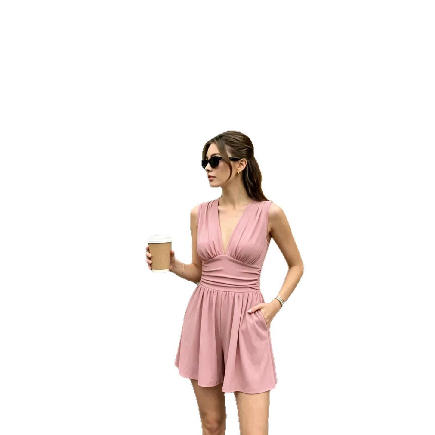 Women's Casual Deep V Stretch Sleeveless Summer Tight Waist Jumpsuits