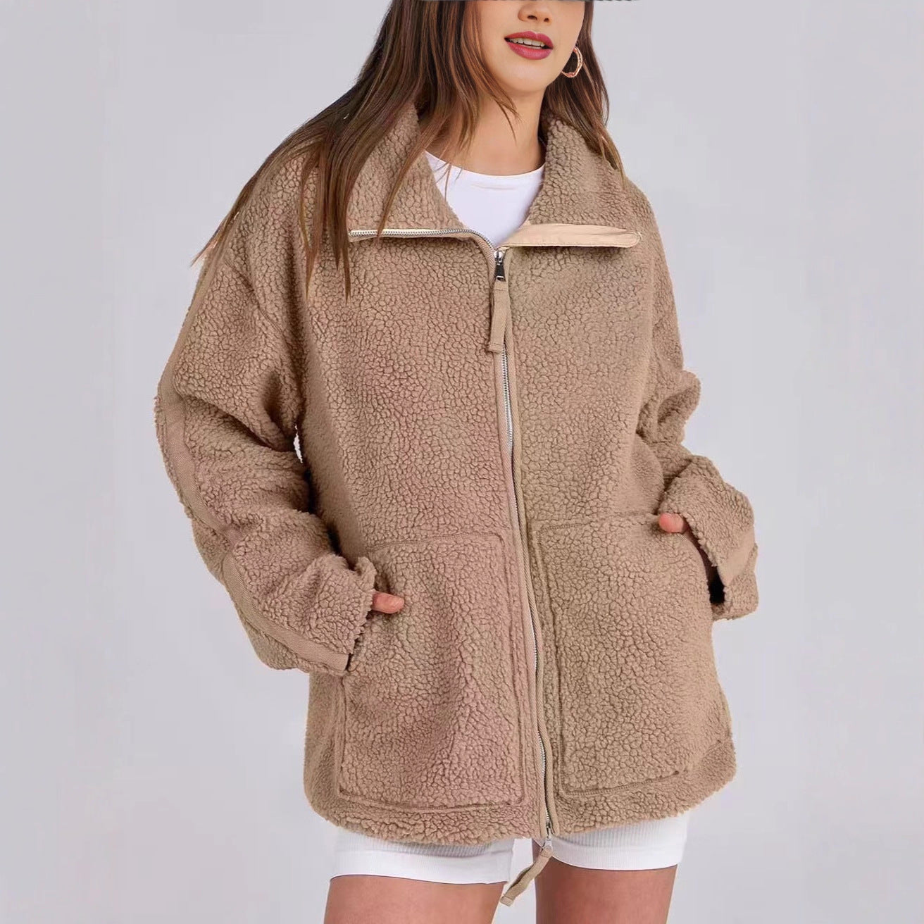 Women's Color Idle Style Lamb Wool Turtleneck Coats