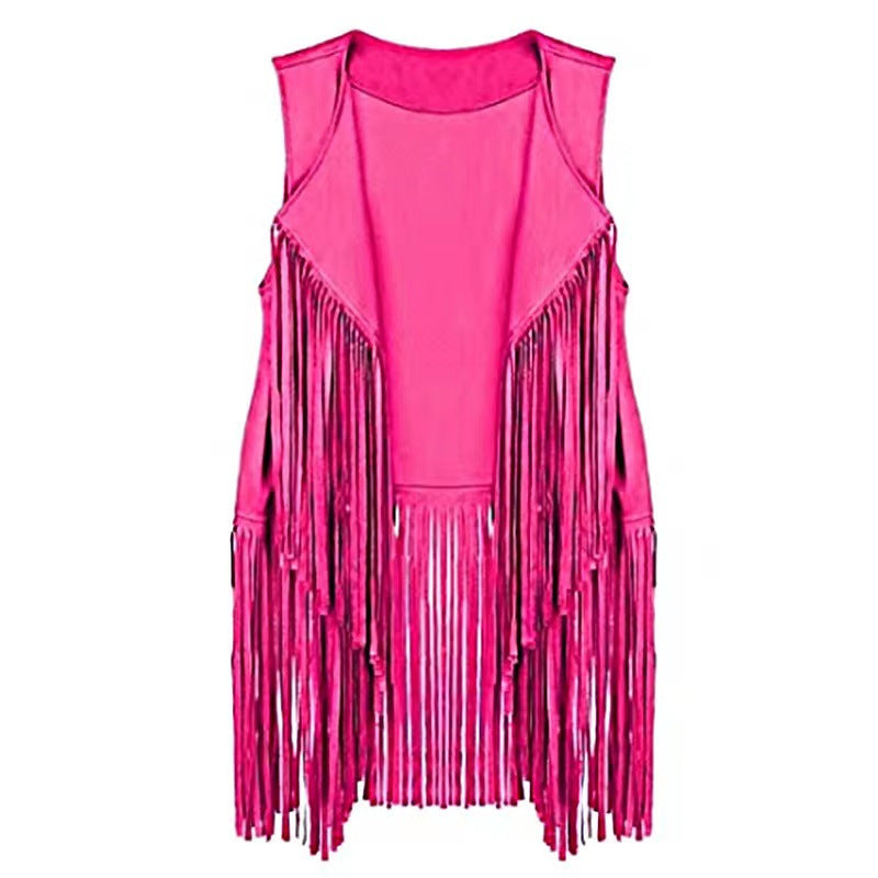 Women's Summer Deerskin Solid Color Temperamental Tassels Sleeveless Tops
