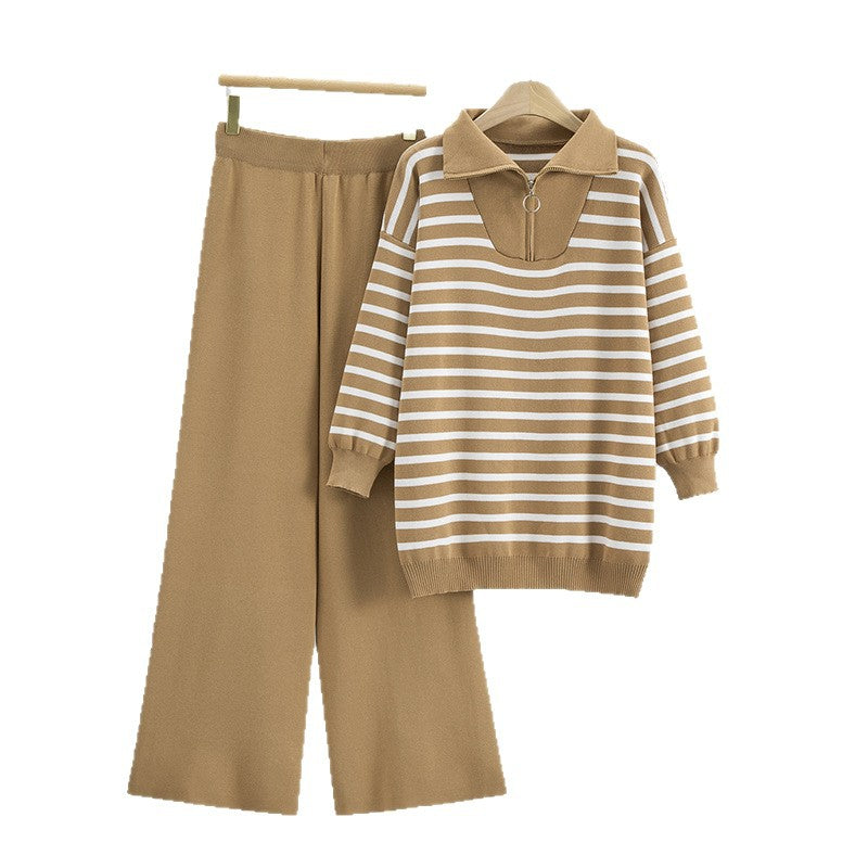 Women's Turtleneck Zipper Lapel Loose Striped Wide Leg Two-piece Fashion Casual Suit