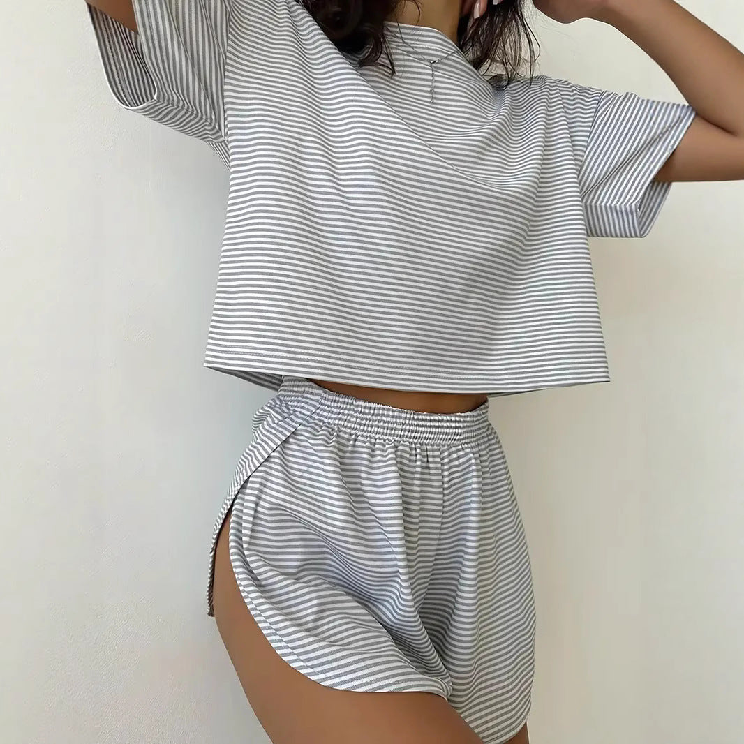 Women's Summer Simple Comfortable Striped Sleeve Elastic Waist Home Wear Two-piece Fashion Casual Suit