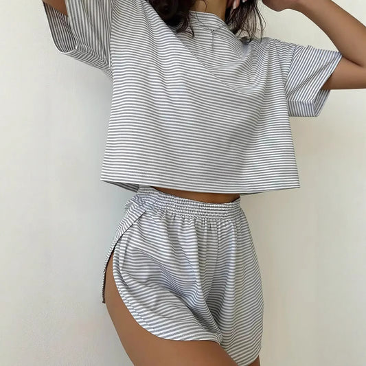 Women's Summer Simple Comfortable Striped Sleeve Elastic Waist Home Wear Two-piece Fashion Casual Suit