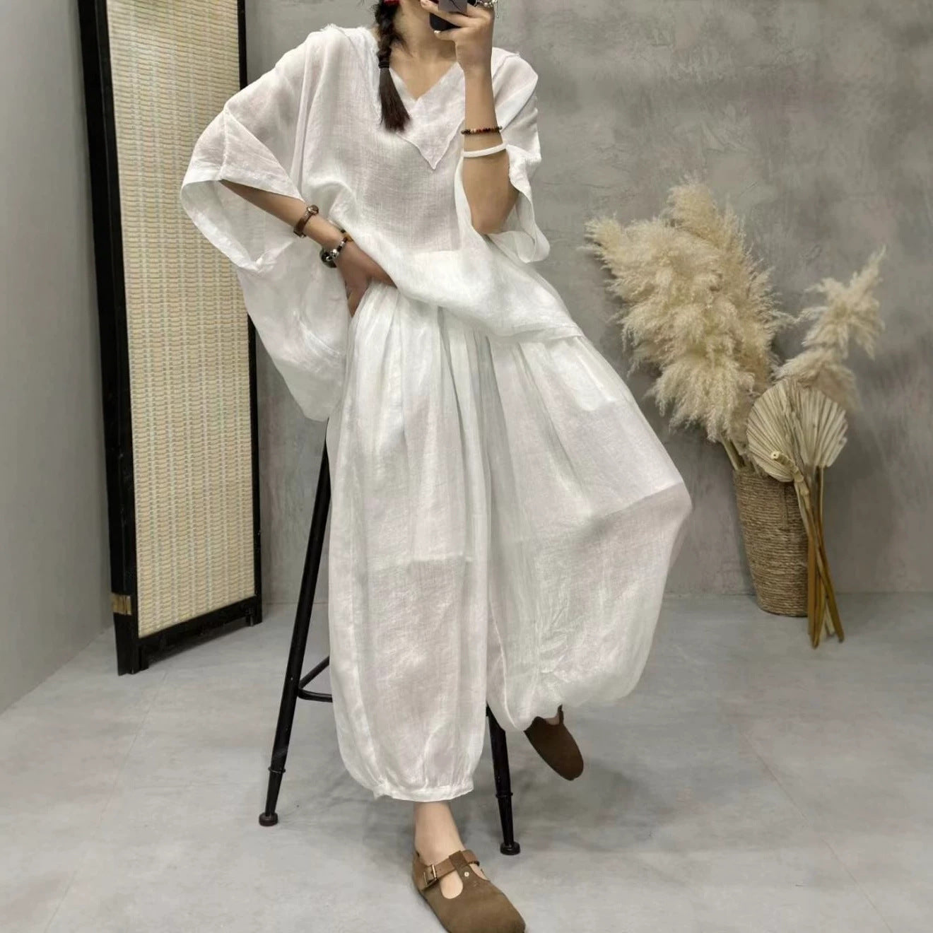 Fine Ramie Fashionable Stylish Pullover Artistic Loose Thin Fashion Casual Suit