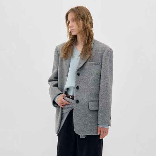 Women's Solid Color Mid-length Wool Korean Single-breasted Blazers