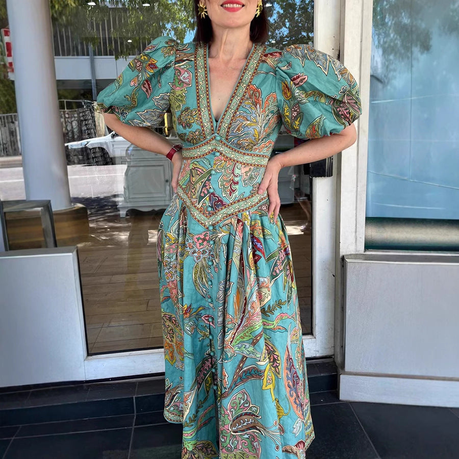 Women's Printed Lantern Sleeve Dress Casual Loose Dresses
