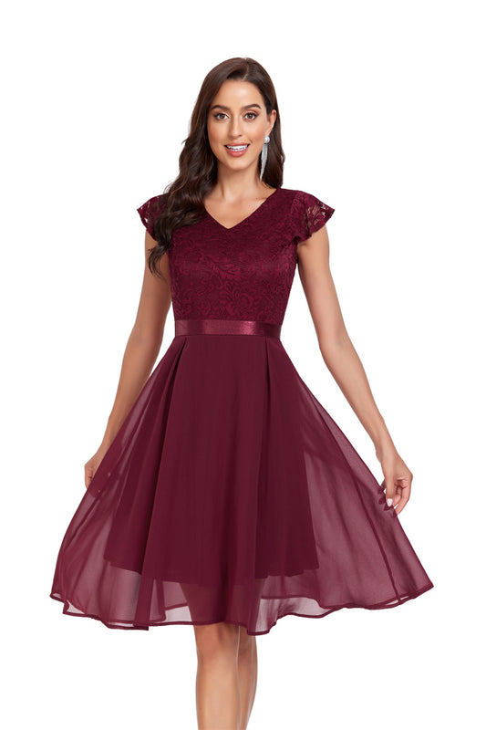 Women's Retro Short-sleeved Lace Chiffon Temperament Mid-length Dresses