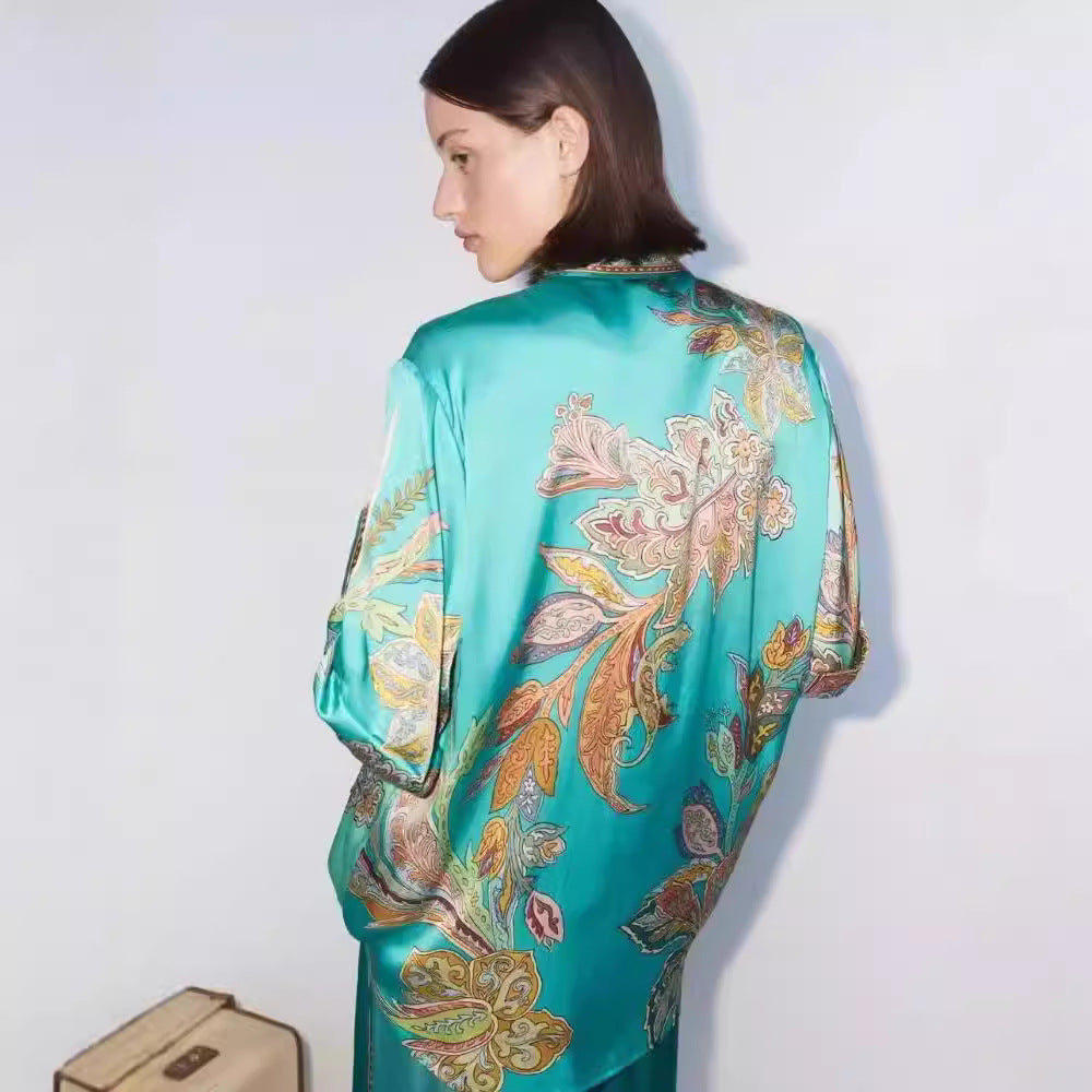 Vintage Printed Satin Sleeve Lapel Shirt Fashion Casual Suit