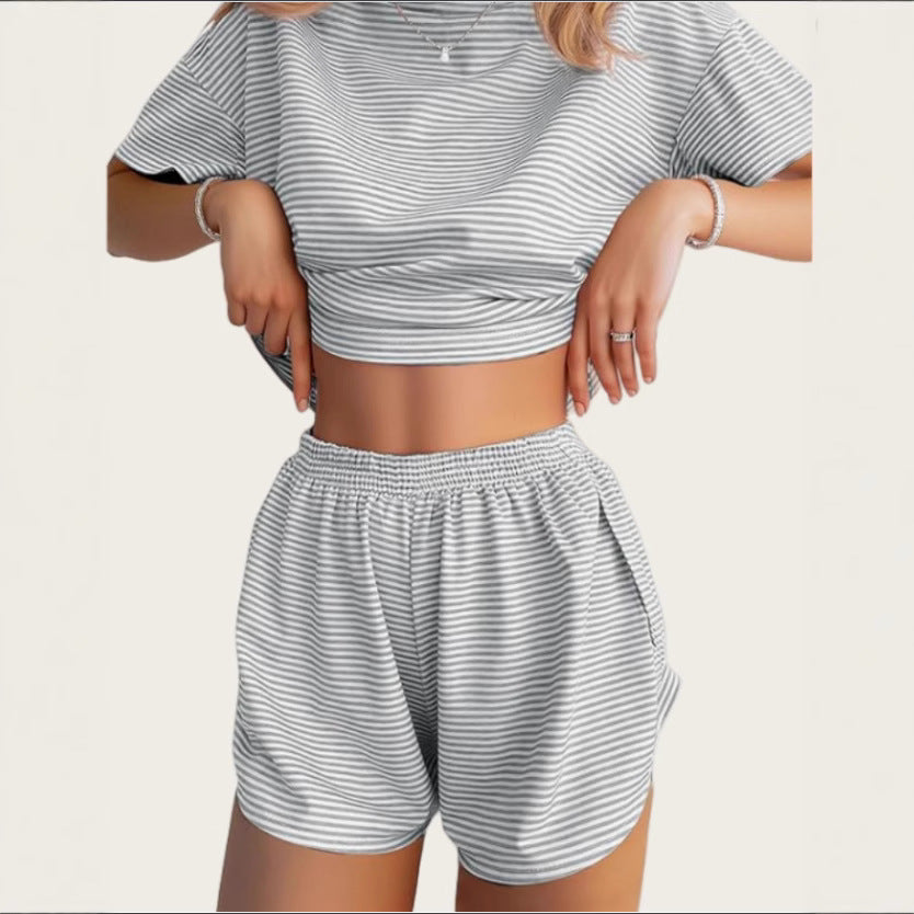 Women's Summer Simple Comfortable Striped Sleeve Elastic Waist Home Wear Two-piece Fashion Casual Suit