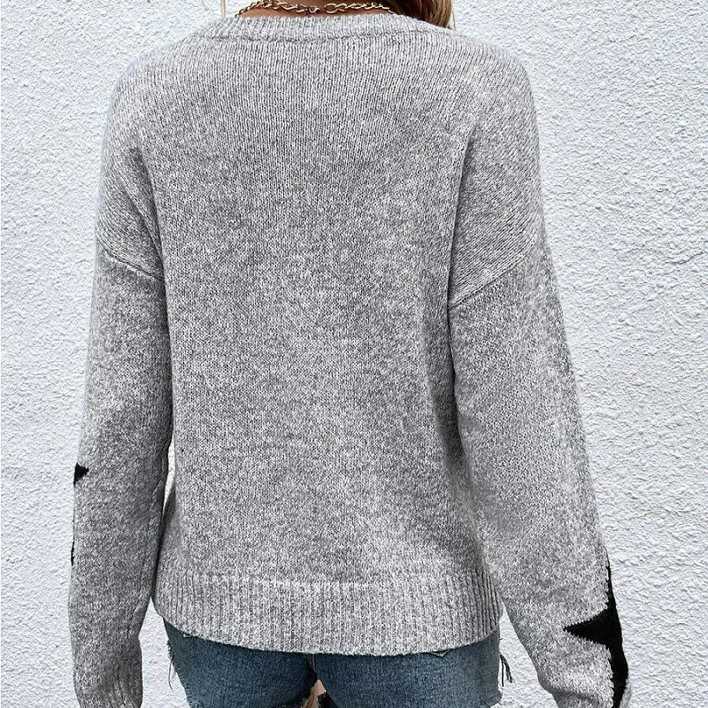 Women's Neck Long Sleeve Five-star Jacquard Pullover Sweaters
