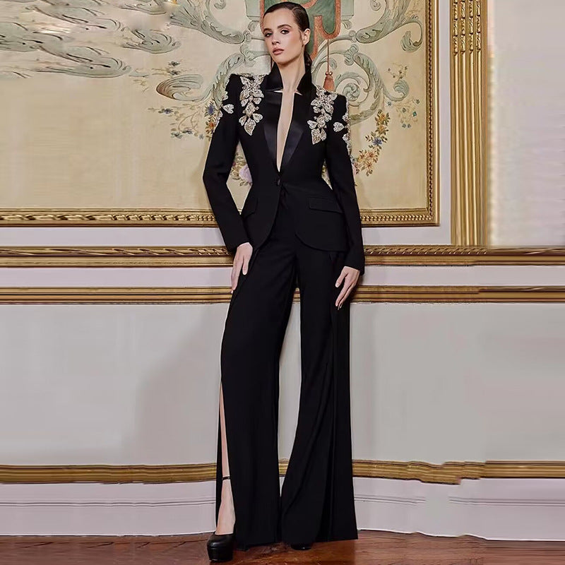 Diamond Beaded Stand Collar Split Trousers Fashion Casual Suit