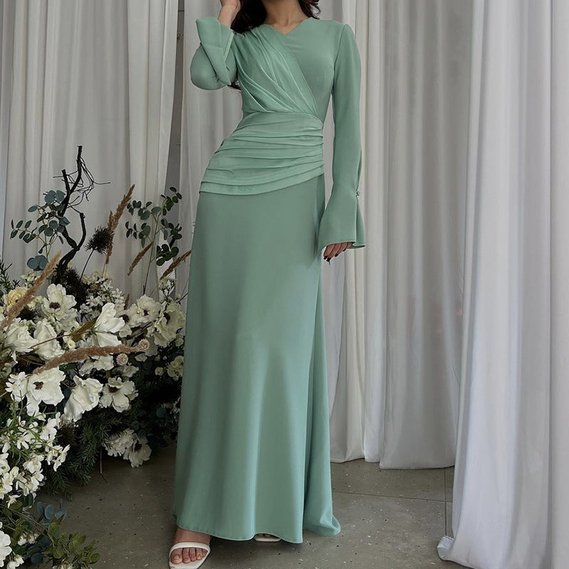 Flared Pleated Cross Overlay Strap Cinched Dresses